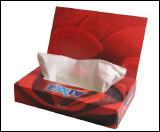 promotional tissue box with flap and filled with 100 tissues 2-ply or app. 70 tissues 3-ply