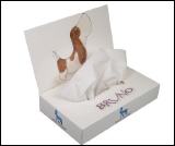 promotional tissue box with flap and filled with 50 tissues 2-ply or app. 35 tissues 3-ply